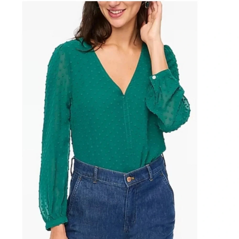 J.Crew Clip Dot V-Neck Blouse Green Size Medium Lined Long Sleeve Top